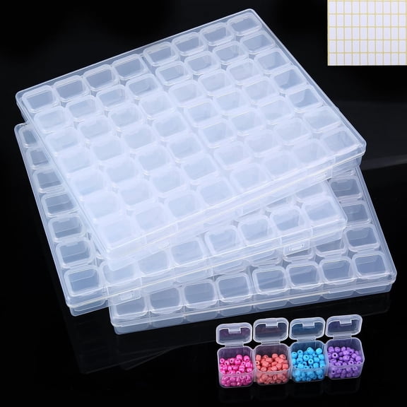 Megoogo 3 Pack 168 Slots Bead Organizer Storage Boxes, 56 Grids Diamond Art Painting Containers with Movable Dividers, Clear Plastic Box Labels for Crafts Supply Beads Buttons