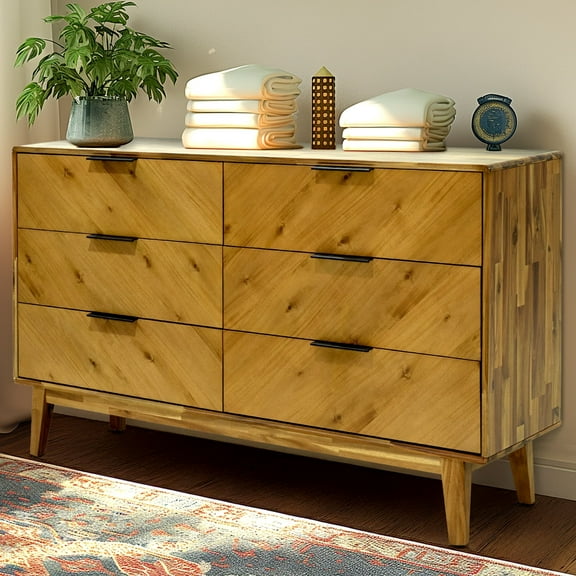 Megsu Veyron 6 Drawers Dresser for Bedroom, Acacia Wood, 54” Wide with Soft-Close Glides, Mid Century Modern Dresser, Waterproof & Scratch Resistant, Spacious Storage, Easy Setup, Oak