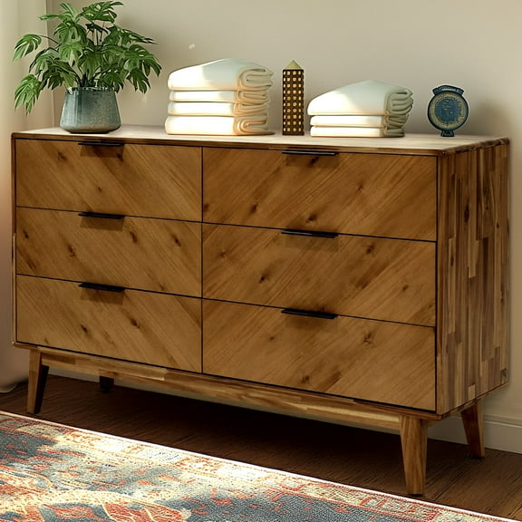 Megsu Veyron 6 Drawers Dresser for Bedroom, Acacia Wood, 54” Wide with Soft-Close Glides, Mid Century Modern Dresser, Waterproof & Scratch Resistant, Spacious Storage, Easy Setup, Walnut
