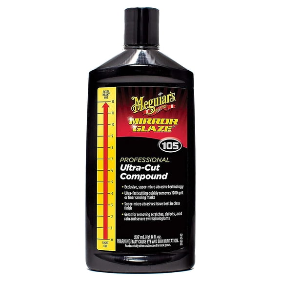 Meguiars Mirror Glaze M105 Ultra-Cut Compound, Pro-Grade Car Compound for Removing Scratches and Heavy Swirls, Restores Gloss and Clarity, Car Guy Gifts for Men and Women Who Love to Detail, 8 Oz