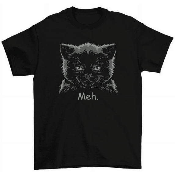 Meh Black Cat T-Shirt Funny Cat Mood Kitty Cat Lovers Pet Animal Tees