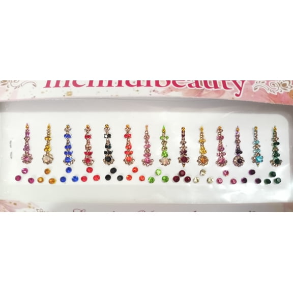 Mehandi Beauty Multicolored Crystal Bindi Bridal face Jewels Forehead Tika Indian Bindis for Women Bindi Indian Multicolor Round Long Small Gold (Long Curved - 14 Bindi)