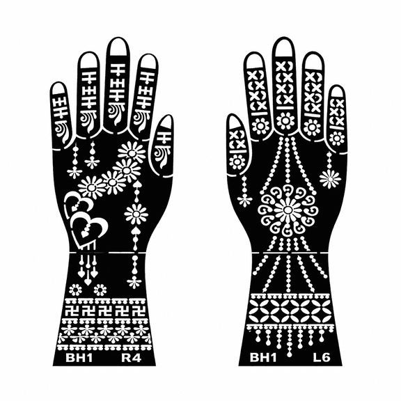 Mehndi Hand Stencil Set Traditional Designer Patterns for Henna Art, Single Use Template Sheets for Bridal Festival Hand Decoration Set of 2