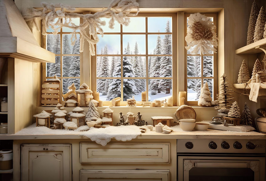 Kitchen Snow Background Mehofond Christmas Background Indoor Wooden Kitchen Window For Family ...