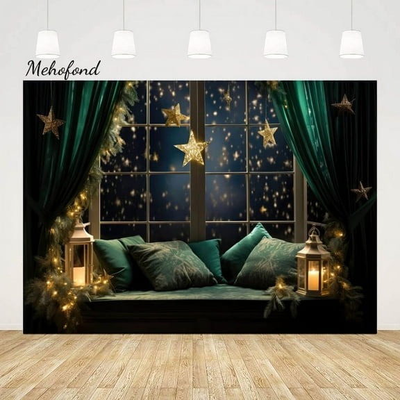 Mehofond Christmas Night Photography Backdrop Kids Birthday Party Retain Green Curtain Pillow Stars r Background Photoz