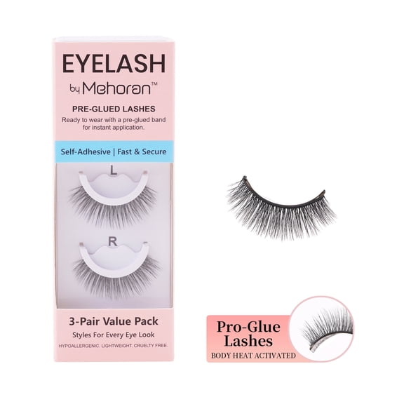 Mehoran Falsies Press On Self Adhesive Eyelashes Extreme Curl Strip Lashes 8-14mm 3 Pairs
