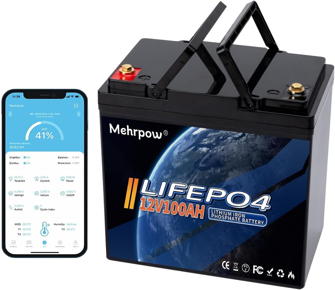 Mehrow 12V 100Ah Bluetooth LiFePO4 Battery, mini Battery with 100A BMS, 12V Lithium Batteries 15000+ Cycles at 100% DOD, Perfect for RV, Camping, Solar Panel System, Marine, Trolling Motor