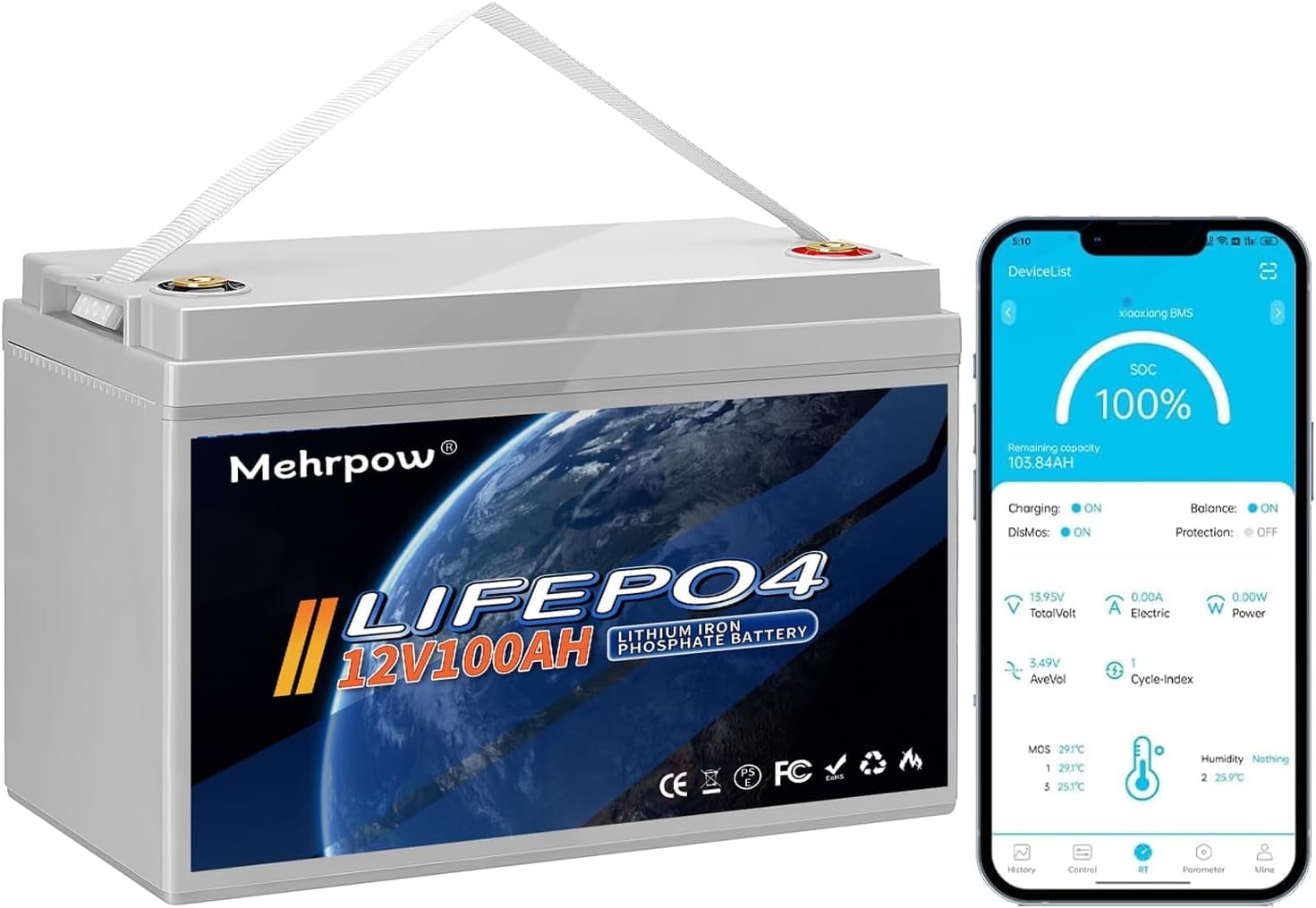Mehrpow 12V 100Ah Bluetooth LiFePO4 Battery, 100Ah Lithium Battery with 100A BMS, 12V Lithium Batteries 15000+ Cycles at 100% DOD, Perfect for RV, Camping, Solar Panel System, Marine, Trolling Motor