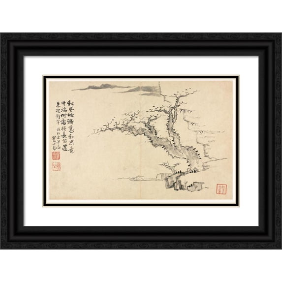 Mei Qing 18x13 Black Ornate Wood Framed Double Matted Museum Art Print Titled - Landscapes in Various Styles After Old Masters 6 (1690)