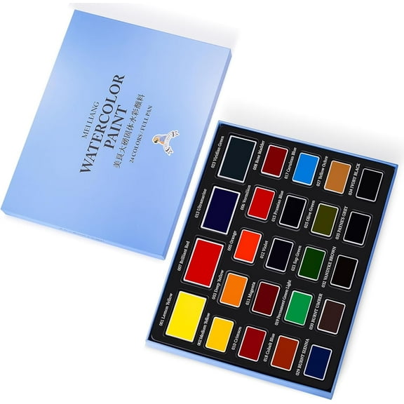 MeiLiang Large Full Pan 24 Colors Watercolor Paint Set, 4 Oversized Primary Colors (Red,Yellow,Ultramarine,Green), Removable Pans, Perfect for Beginners, Artists