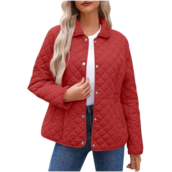 MeiTDia Ladies Diamond Quilted Snap Button Jacket Relaxed Fit Collared Lightweight Puffer Coat Casual Everyday Wear