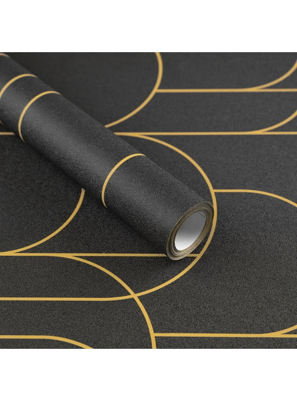 Meiban Black Stripe Wallpaper Peel and Stick Wallpaper 17.7"x118.1" Contact Paper Geometric Black and Gold Removable Paper Self Adhesive Decorative Home Decor Wall Covering Old Furniture Renovation