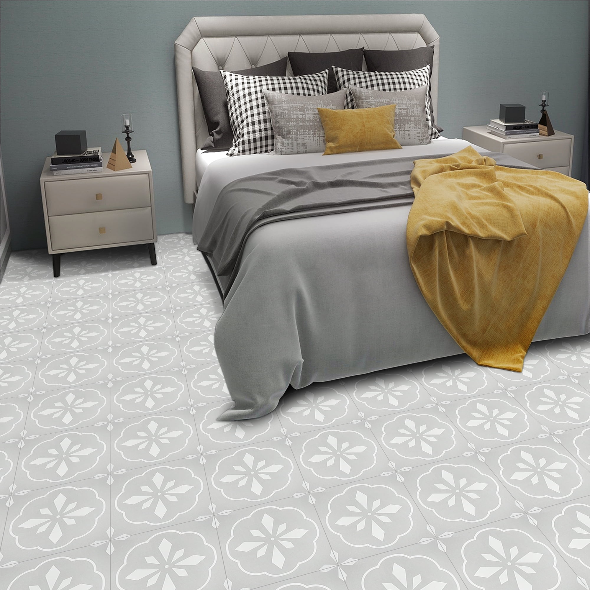Meiban Gray Flower Vinyl Floor Tile 11.8" x 11.8" x 1.0mm (10pcs) Peel
