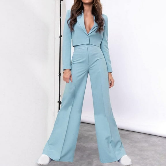 Meichang 2 PCS Set for Women Grace Lapel Collar Cropped Blazer Single Button Jacket Loose Pants with Pocket Solid Suit Set