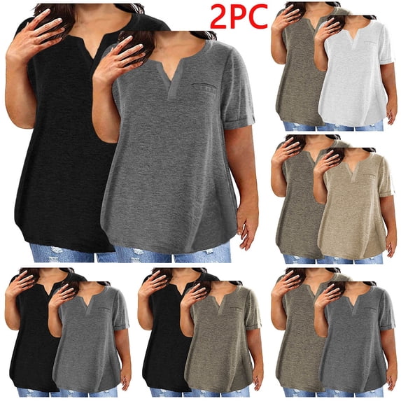 Meichang 2 Pack Plus Size Top for Women Summer T Shirts Short Sleeve Notch V Neck Loose Fit T-Shirts Casual Top Soft Going Out Basic Tees Fashion Workout Clothes