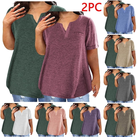 Meichang 2 Pack Plus Size Tops for Women Short Sleeve Summer Tops Basic Tees Solid Loose Fit Notch V Neck Tshirts Soft Comfy Gym Workout Y2k Clothes