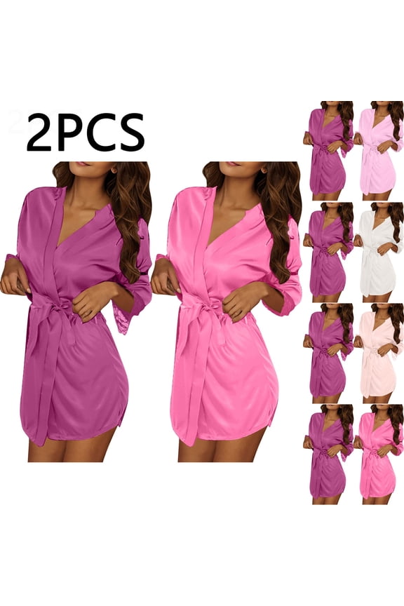 2 Pack Women's Satin Robe Lace 3/4 Sleeve Short Sleepwear Silk Kimono Bathrobe Bridesmaid Wedding Bridal Party Robes Homewear with Belted