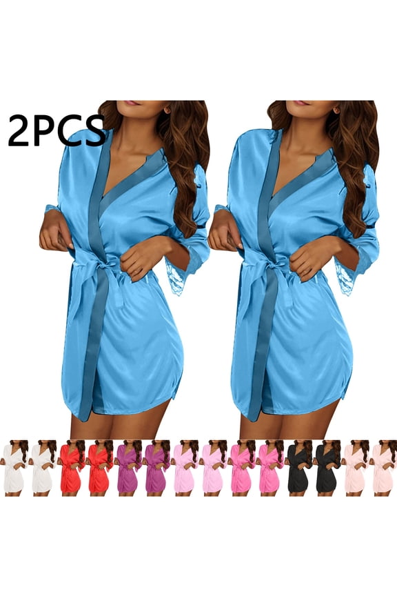 2 Pack Women's Satin Robe Lace 3/4 Sleeve Short Sleepwear Silk Kimono Bathrobe Bridesmaid Wedding Bridal Party Robes Homewear with Belted