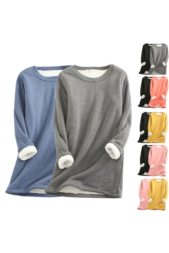 2 Pack Womens Sherpa Lined Sweatshirts Casual Crewneck Fleece Pullover Long Sleeve Thermal Winter Sweatshirt Sleepwear Tops