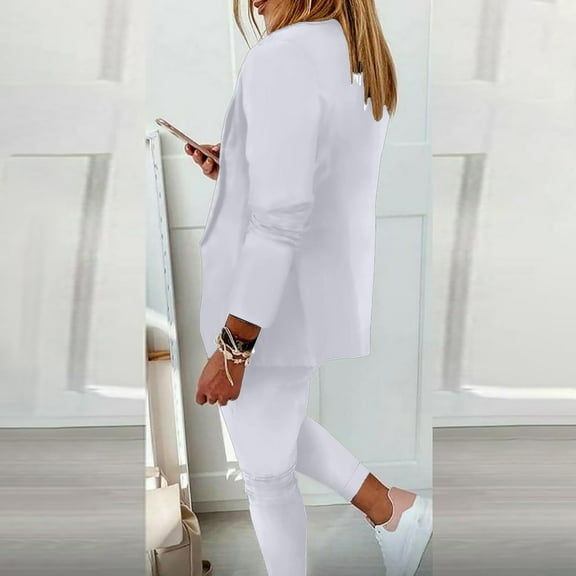 Meichang 2 Piece Blazer Set Solid Lapel Long Sleeve Open Front Suit and Pants Set Elegant Business Cardigan With Pockets