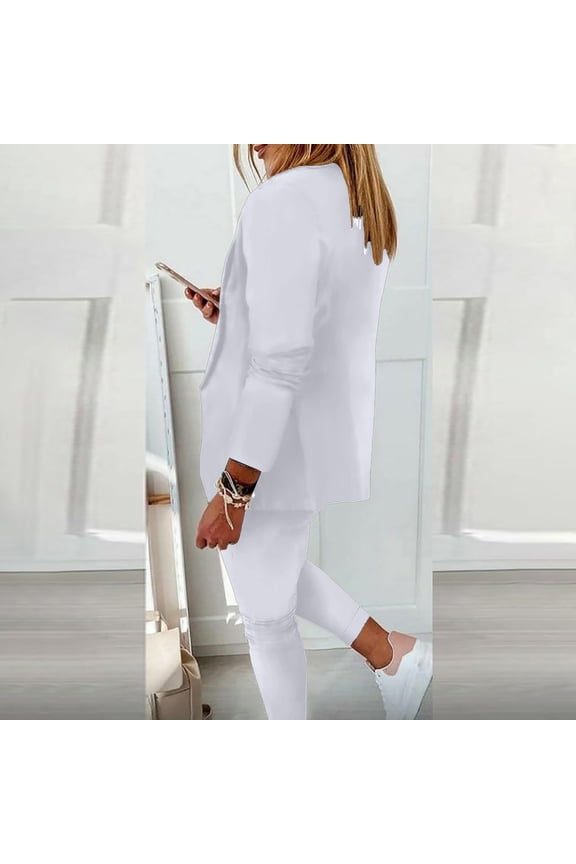 2 Piece Blazer Set Solid Lapel Long Sleeve Open Front Suit and Pants Set Elegant Business Cardigan With Pockets