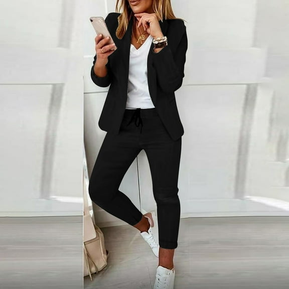 Meichang 2 Piece Blazer Set Solid Lapel Long Sleeve Open Front Suit and Pants Set Elegant Business Cardigan With Pockets