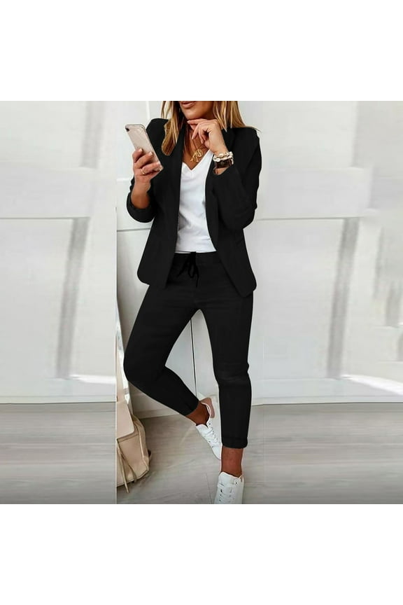 2 Piece Blazer Set Solid Lapel Long Sleeve Open Front Suit and Pants Set Elegant Business Cardigan With Pockets