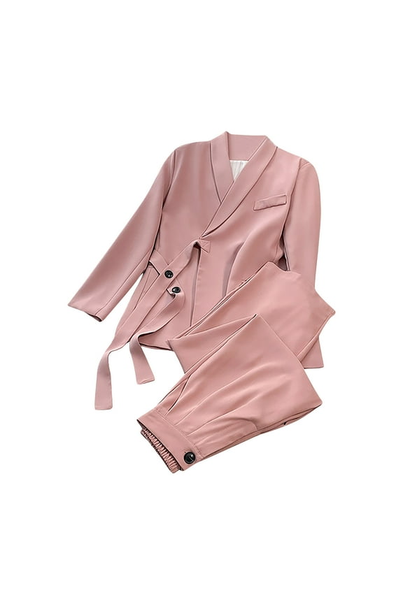2 Piece Outfits for Women Casual Long Sleeve Solid Blazer with Pants Set Business Suit with Belt Elegant Lady Outwear