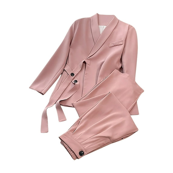 Meichang 2 Piece Outfits for Women Casual Long Sleeve Solid Blazer with Pants Set Business Suit with Belt Elegant Lady Outwear