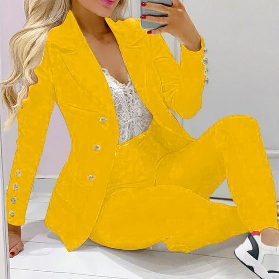 Meichang 2 Piece Outfits for Women Long Sleeve Double Breasted Blazer And Slimming Solid Pants Elegant Work Business Suit Sets