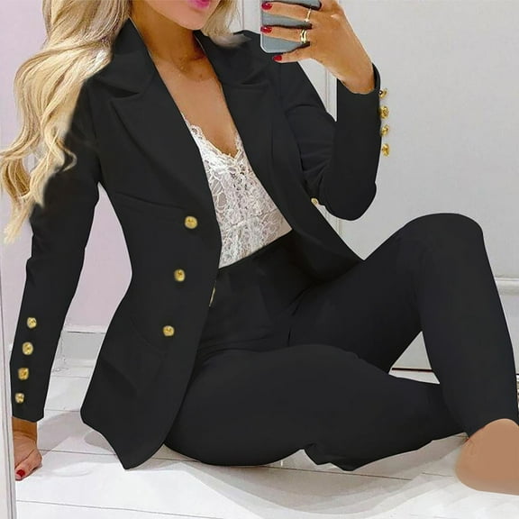 Meichang 2 Piece Outfits for Women Long Sleeve Double Breasted Blazer And Slimming Solid Pants Elegant Work Business Suit Sets