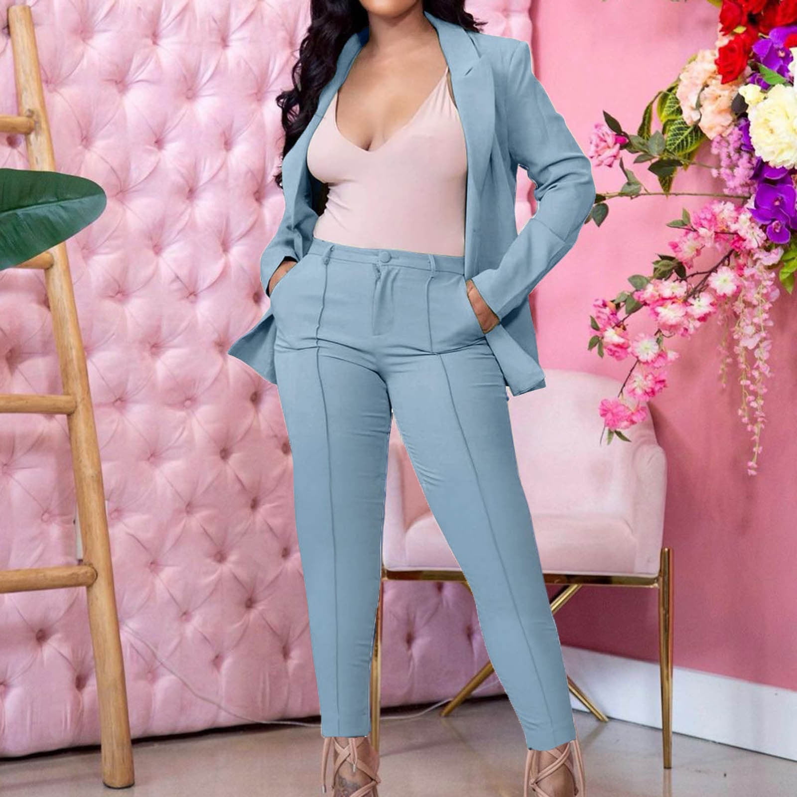 Meichang 2 Piece Outfits for Women Summer Sleeveless Solid Color Blazer