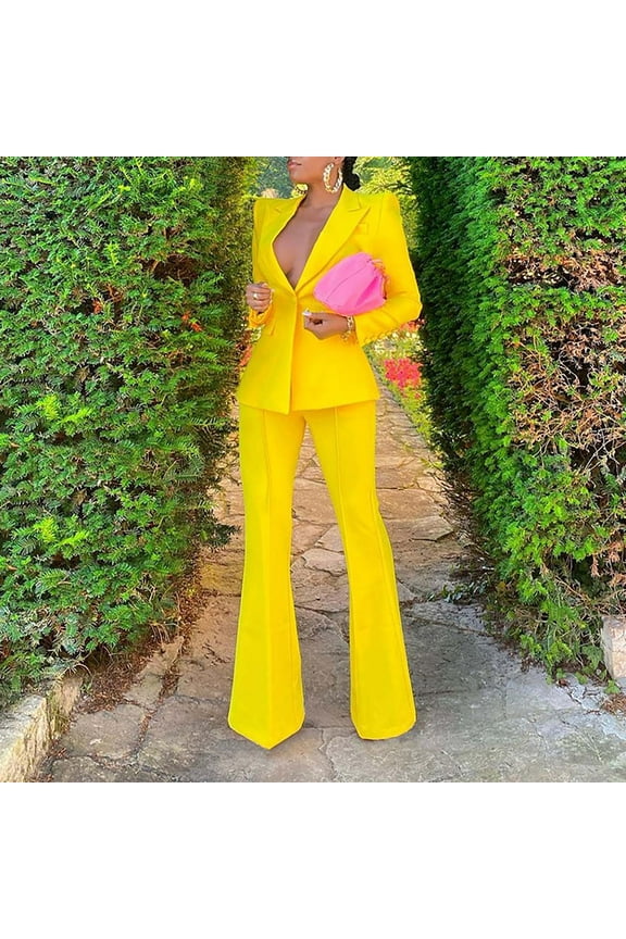 2 Pieces Blazer Pants for Women Long Sleeve Lapel Collar Blazer Solid Loose Fit Pants Fashion Solid Color Suit