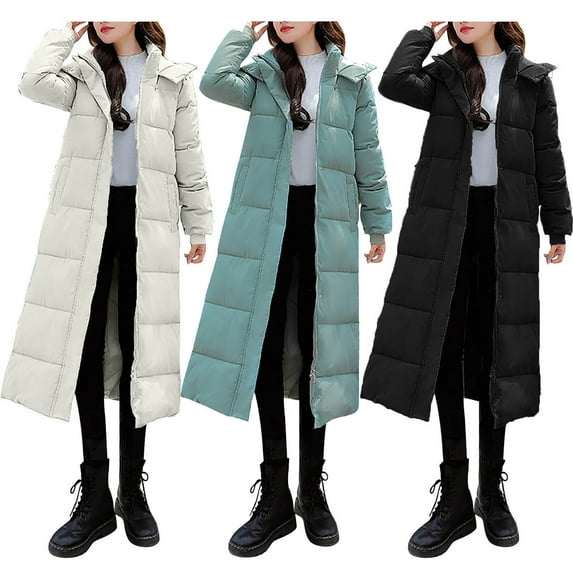 Meichang Winter Coats for Women with Detachable Hooded Long Puffer Coat Classic Long Sleeve Zip Up Long Down Jackets with Pockets