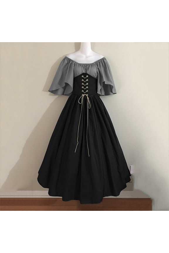 2024 Women's Plus Size Victorian Dress Flare Sleeve Off Shoulder Medieval Renaissance Dresses with Corset Color Block Patchwork Vintage Ball Gown