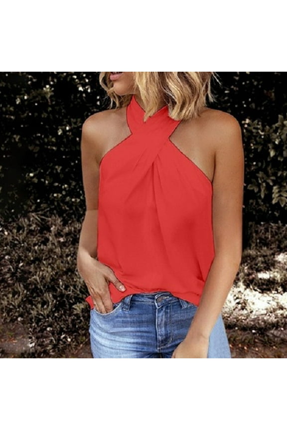2025 Women Summer Sleeveless Twist Front Halter Tops Trendy Zip Back Loose Tank Top Dressy Casual Office Work Blouse Top