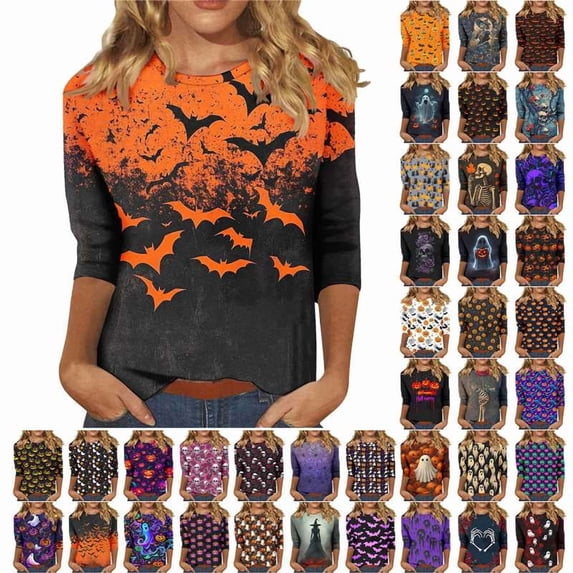Meichang 3/4 Length Sleeve Women Tops Halloween Witch Graphic T Shirts Holiday Crew Neck Three Quarter Length Sleeve Fall Blouses