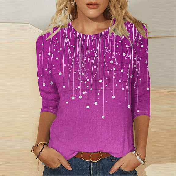 Meichang 3/4 Length Sleeve Womens T Shirts Floral Print Crew Neck Tunics Fall Trendy Three Quarter Length Sleeve Casual Dressy Blouses