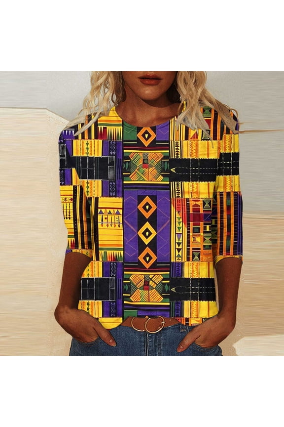 Meichang 3/4 Length Sleeve Womens Tops Black History Month Shirt African T-Shirts Vintage Print Crew Neck Loose Fit Inspire Blouse