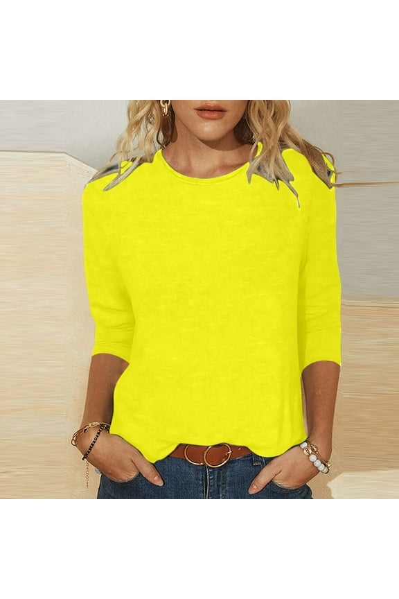 3/4 Length Sleeve Womens Tops Plus Size Crew Neck Shirts Loose Fit Casual Work Tee Blouses Solid Basic Tops Yellow XXL