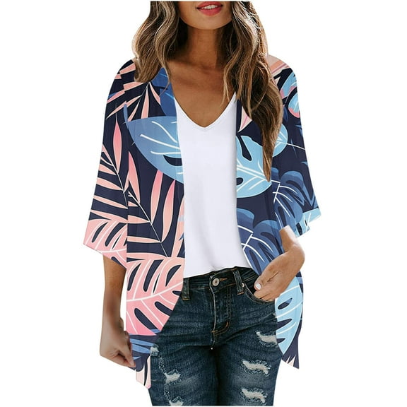 Meichang 3/4 Sleeve Cardigan for Women Floral Print Open Front Chiffon Kimono Cardigans Summer Hawaiian Tops Casual Cover Up