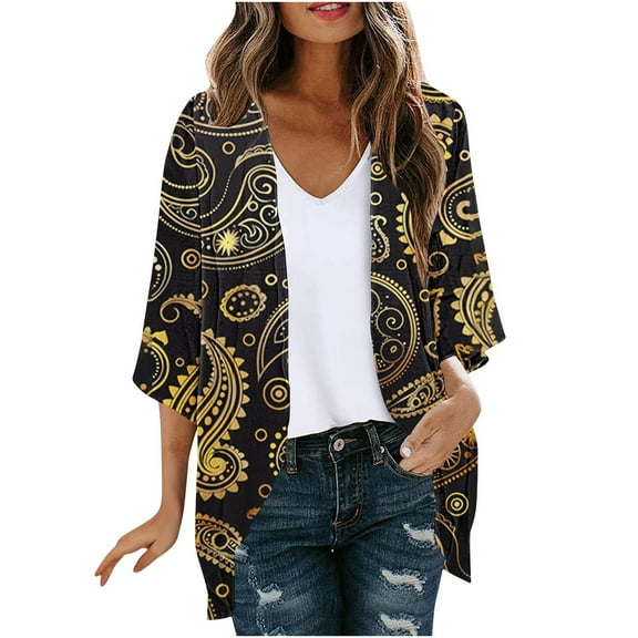 Meichang 3/4 Sleeve Cardigan for Women Floral Print Summer Kimonos Lightweight Open Front Chiffon Kimono Cardigans Loose Fit Beach Cover Up Tops