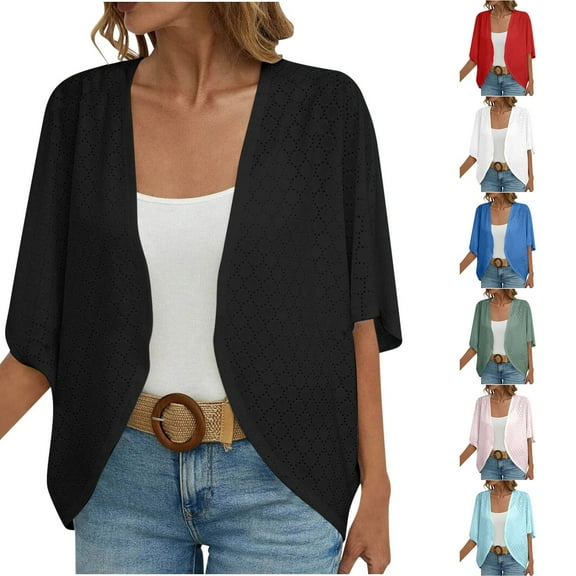 Meichang 3/4 Sleeve Cardigan for Women Lightweight Open Front Eyelet Cardigan Fall Summer Solid Loose Fit Kimono Cardigans Dressy Casual