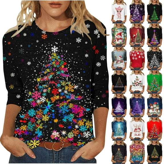 Meichang 3/4 Sleeve Tops for Women Christmas Shirt Merry Christmas Tree Graphic T Shirts Loose Fit Crewneck Funny Xmas Tree Tees Winter Holiday Family Party Matching Tops