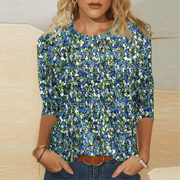 Meichang 3/4 Sleeve Tops for Women Floral Print Casual Dressy Blouses Trendy Crew Neck Loose Fit Fall Shirt Tops