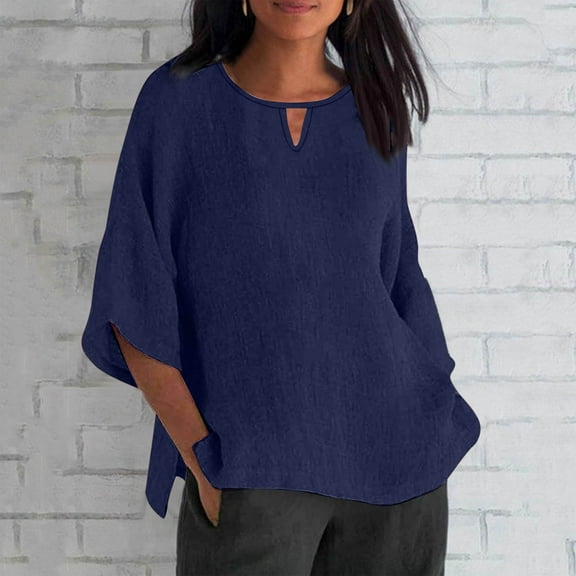 Meichang 3/4 Sleeve Tops for Women Loose Fit Keyhole Neck Oversized Shirts Casual Three Quarter Length Sleeve Fall Blouses