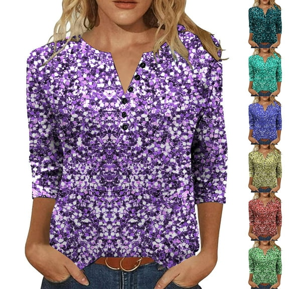 Meichang 3/4 Sleeve Tops for Women V Neck Button Henley Shirts Trendy Print Casual Dressy Blouses Loose Fit Three Quarter Length Top