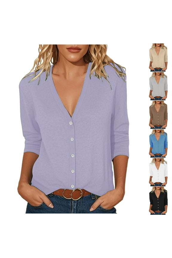 3/4 Sleeve Women Tops Dressy Casual V Neck Button Down Shirts Soft Lightweight Open Front Cardigan Shirt Tops