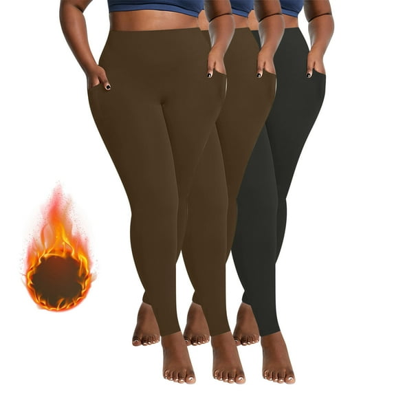 Meichang 3 Pack Fleece Lined Leggings with Pockets for Women Plus Size High Waisted Tights Thermal Warm Winter Yoga Pants for Workout Running