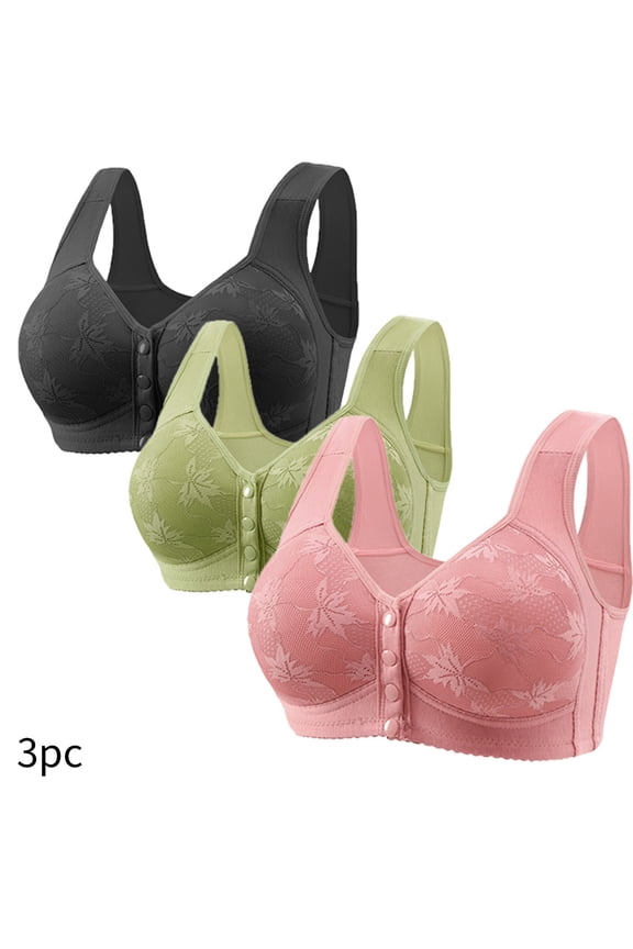 3 Pack Front Closure Breathable Bra for Seniors Plus Size Wireless Comfort Maple Leaf Everyday Bras Full Coverage Thin Cup Front Buckle Bra